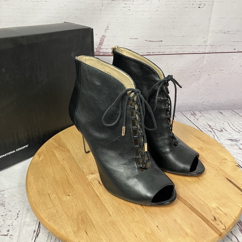 INC International Concepts Royall Booties Black Leather Lace Up Peep Toe Heels 7